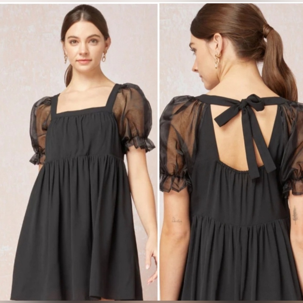 Entro Mesh Puff Sleeve Babydoll Dress Black Pockets Tie Black Medium